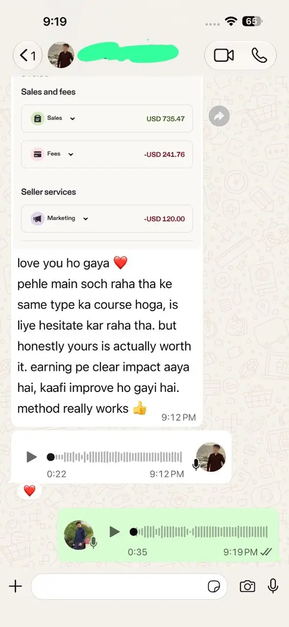 A student's WhatsApp message with their Etsy sales summary: USD 735.47 in sales
