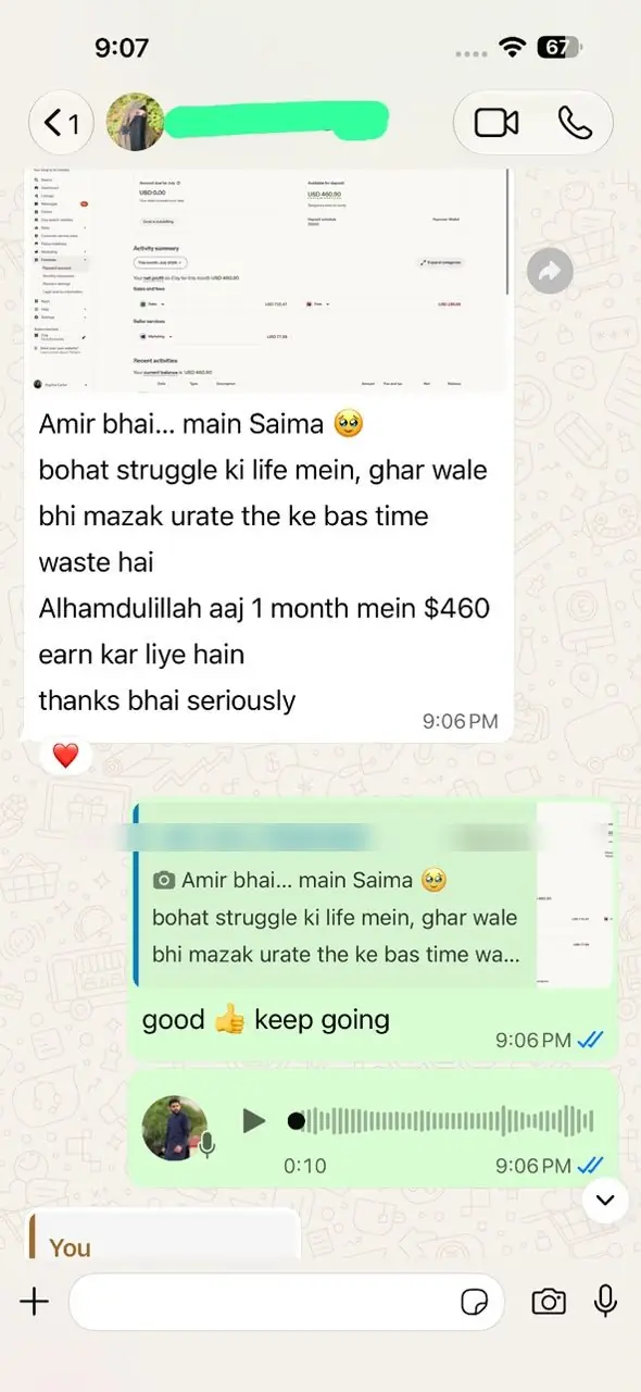 A WhatsApp message from Saima saying she earned about 460 dollars in one month