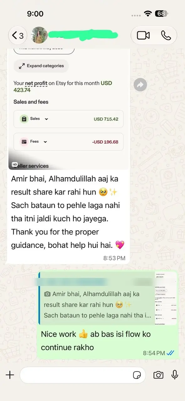 A student's WhatsApp message with their Etsy summary: USD 715.42 in sales and USD 423.74 net profit for the month