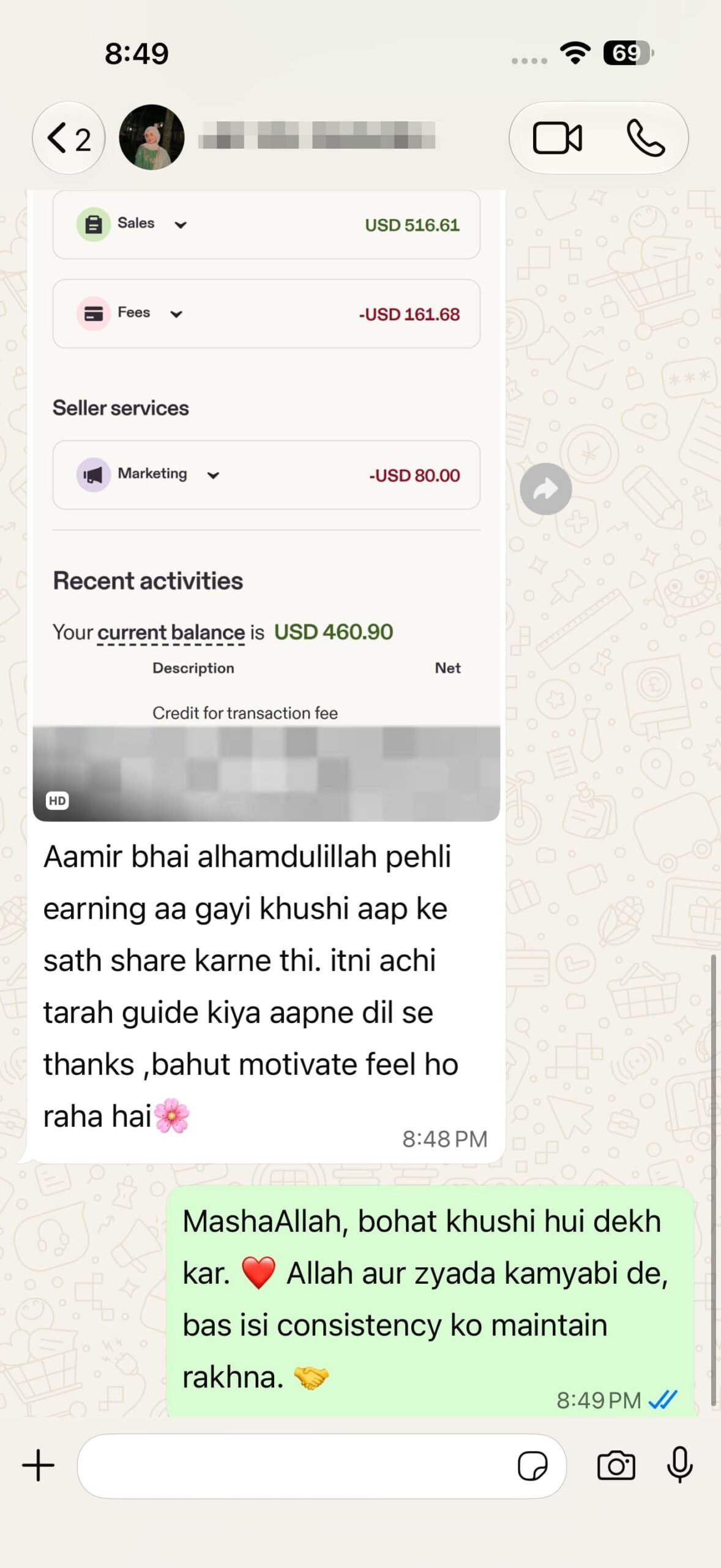 WhatsApp message proof from Amir Methods student 7