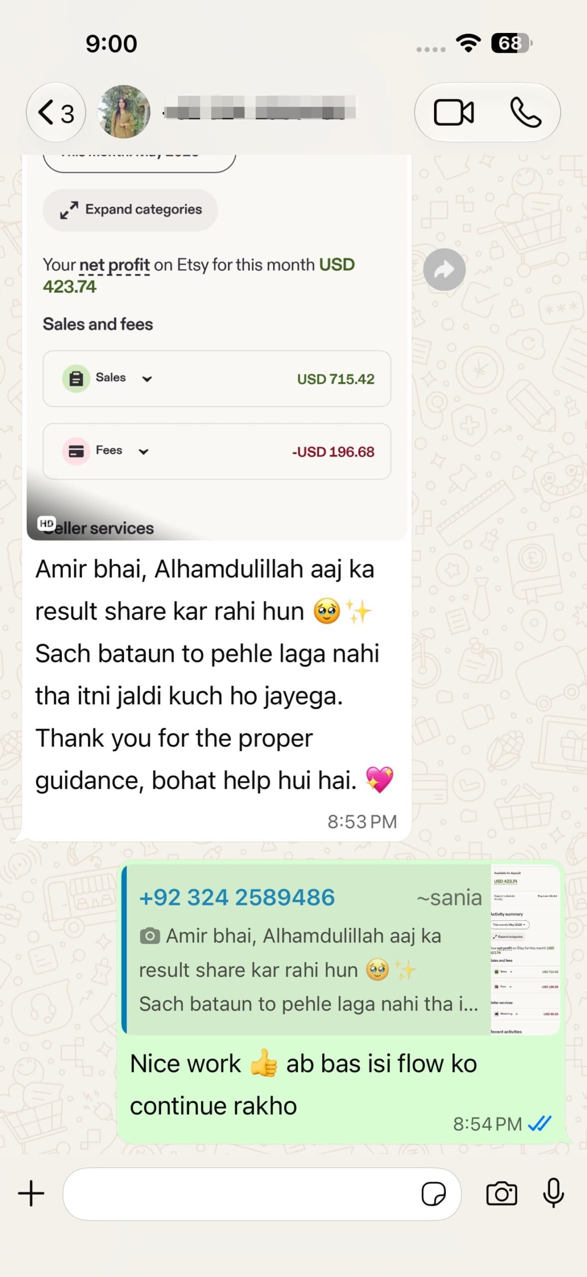 WhatsApp message proof from Amir Methods student 8